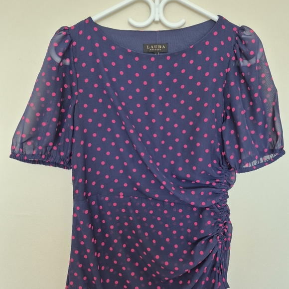 Laura Women's Feminine Navy & Pink Poka Dot Ruffle Asymmetrical Dress Size 4/S - Picture 3 of 9
